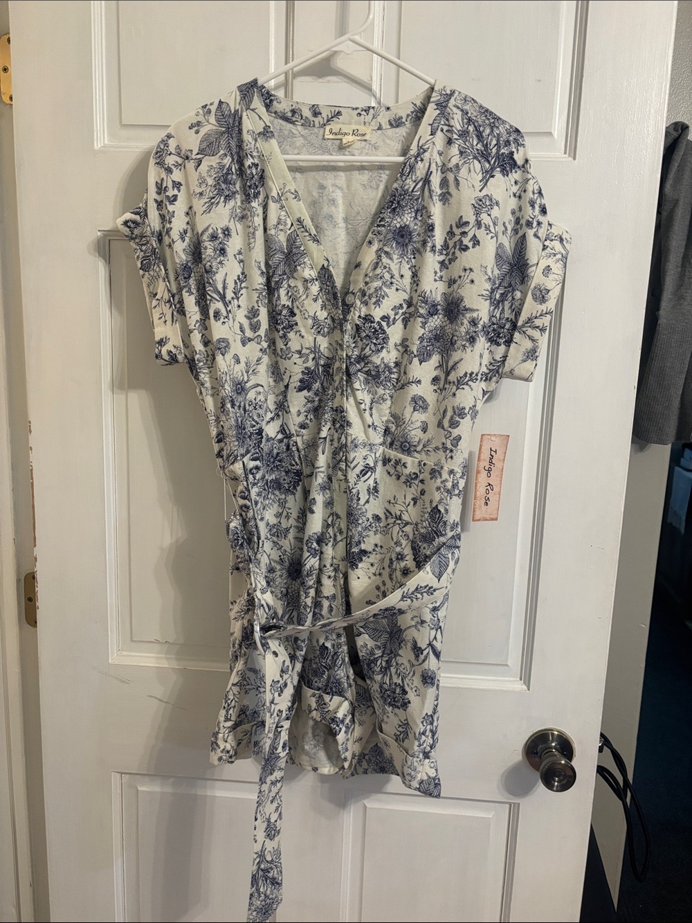 Ivory & Blue Floral buttoned shorts romper with belt